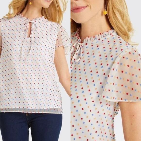 Draper James Women's White Dot Flutter Sleeve Blouse Size Medium Rainbow Polka - Picture 1 of 12